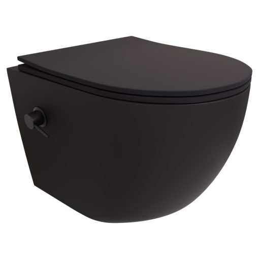 HD Vario Matt Black perem nélküli mély öblítésű íves fali WC, bidé funkcióval, slim "P" tetővel és matt fekete zsanérral