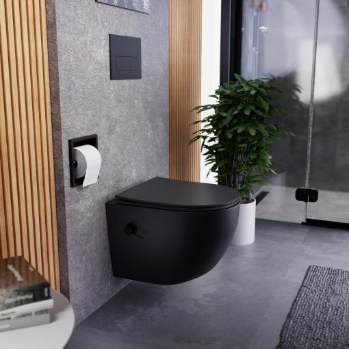 HD Vario Matt Black perem nélküli mély öblítésű íves fali WC, bidé funkcióval, slim "P" tetővel és matt fekete zsanérral
