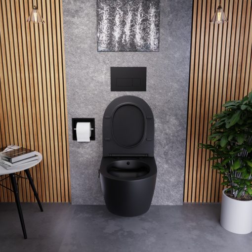 HD Vario Matt Black perem nélküli mély öblítésű íves fali WC, bidé funkcióval, slim "P" tetővel és matt fekete zsanérral