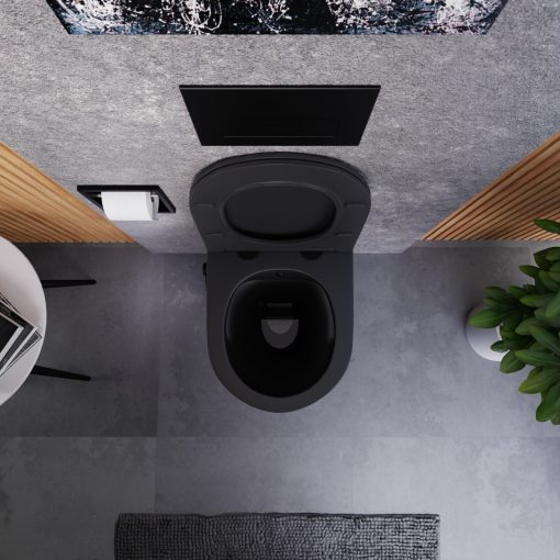 HD Vario Matt Black perem nélküli mély öblítésű íves fali WC, bidé funkcióval, slim "P" tetővel és matt fekete zsanérral