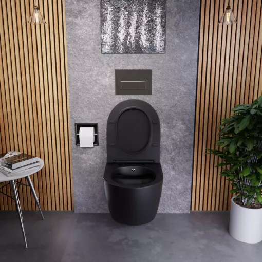 HD Vario Matt Black perem nélküli mély öblítésű íves fali WC, krómozott bidé funkcióval, tető nélkül