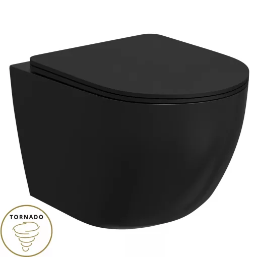 HD Lara Matt Black perem nélküli mély öblítésű íves fali WC tető nélkül