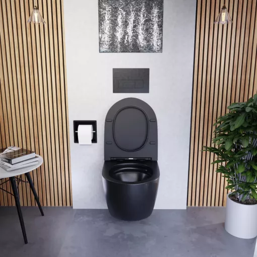 HD Lara Matt Black perem nélküli mély öblítésű íves fali WC tető nélkül