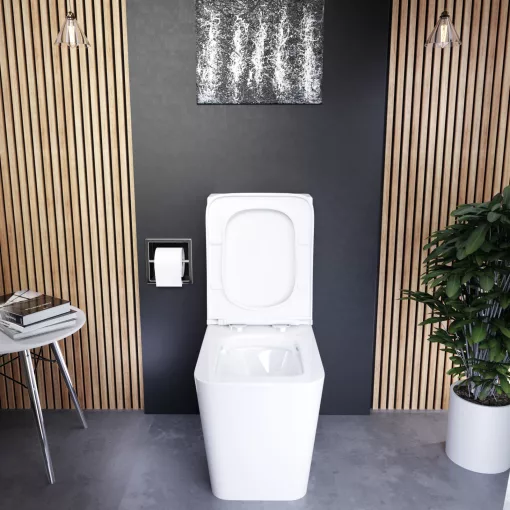 HD Ariana White perem nélküli mély öblítésű szögletes monoblokkos WC alsó kifolyású slim "D" tetővel és fényes króm kiegészítőkkel + tartály