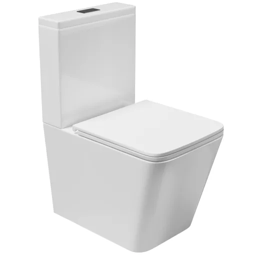 HD Ariana White perem nélküli mély öblítésű szögletes monoblokkos WC hátsó kifolyású slim "D" tetővel és matt fekete kiegészítőkkel + tartály