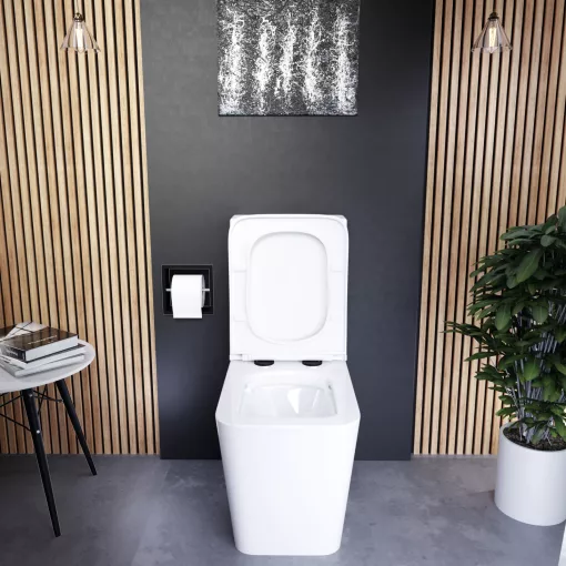 HD Ariana White perem nélküli mély öblítésű szögletes monoblokkos WC hátsó kifolyású slim "D" tetővel és matt fekete kiegészítőkkel + tartály