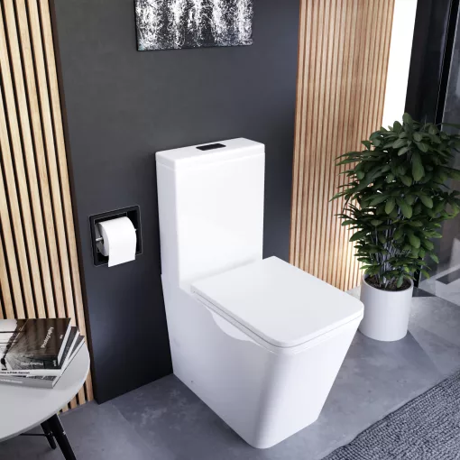 HD Ariana White perem nélküli mély öblítésű szögletes monoblokkos WC alsó kifolyású slim "D" tetővel és matt fekete kiegészítőkkel + tartály