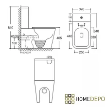 HD Ariana White perem nélküli mély öblítésű szögletes monoblokkos WC alsó kifolyású slim "D" tetővel és matt fekete kiegészítőkkel + tartály
