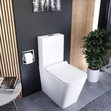 HD Ariana White perem nélküli mély öblítésű szögletes monoblokkos WC alsó kifolyású slim "G" tetővel és fényes króm kiegészítőkkel + tartály