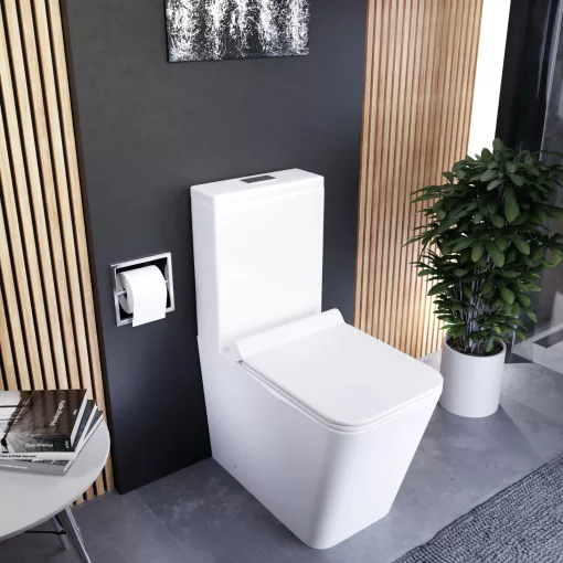 HD Ariana White perem nélküli mély öblítésű szögletes monoblokkos WC alsó kifolyású slim "G" tetővel és fényes króm kiegészítőkkel + tartály