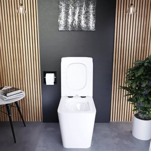 HD Ariana White perem nélküli mély öblítésű szögletes monoblokkos WC hátsó kifolyású slim "S" tetővel és matt fekete kiegészítőkkel + tartály