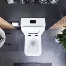 HD Ariana White perem nélküli mély öblítésű szögletes monoblokkos WC hátsó kifolyású slim "S" tetővel és matt fekete kiegészítőkkel + tartály