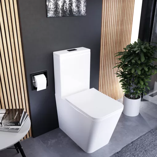 HD Ariana White perem nélküli mély öblítésű szögletes monoblokkos WC alsó kifolyású slim "S" tetővel és matt fekete kiegészítőkkel + tartály