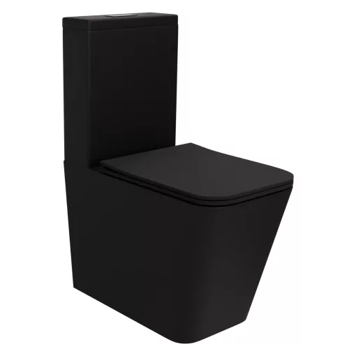 HD Ariana Matt Black perem nélküli mély öblítésű szögletes monoblokkos WC hátsó kifolyású slim "S" tetővel és matt fekete kiegészítőkkel + tartály