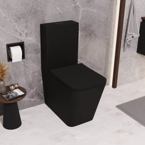 HD Ariana Matt Black perem nélküli mély öblítésű szögletes monoblokkos WC hátsó kifolyású slim "S" tetővel és matt fekete kiegészítőkkel + tartály