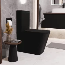 HD Ariana Matt Black perem nélküli mély öblítésű szögletes monoblokkos WC hátsó kifolyású slim "S" tetővel és matt fekete kiegészítőkkel + tartály