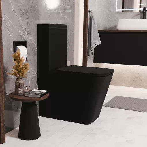 HD Ariana Matt Black perem nélküli mély öblítésű szögletes monoblokkos WC hátsó kifolyású slim "S" tetővel és matt fekete kiegészítőkkel + tartály