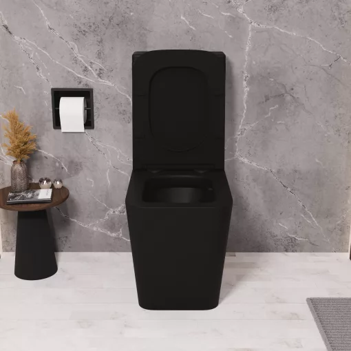 HD Ariana Matt Black perem nélküli mély öblítésű szögletes monoblokkos WC hátsó kifolyású slim "S" tetővel és matt fekete kiegészítőkkel + tartály