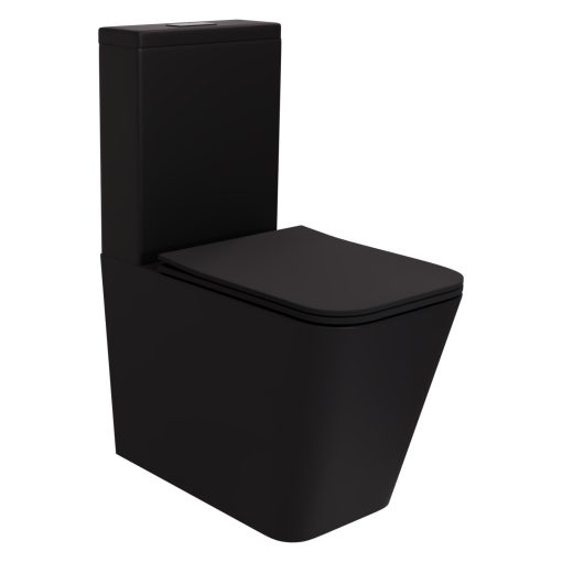 HD Ariana Matt Black perem nélküli mély öblítésű szögletes monoblokkos WC alsó kifolyású slim "S" tetővel és matt fekete kiegészítőkkel + tartály
