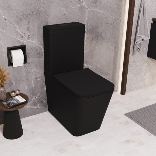 HD Ariana Matt Black perem nélküli mély öblítésű szögletes monoblokkos WC alsó kifolyású slim "S" tetővel és matt fekete kiegészítőkkel + tartály