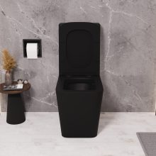 HD Ariana Matt Black perem nélküli mély öblítésű szögletes monoblokkos WC alsó kifolyású slim "S" tetővel és matt fekete kiegészítőkkel + tartály
