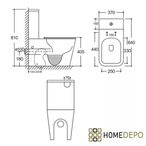 HD Ariana Matt Black perem nélküli mély öblítésű szögletes monoblokkos WC alsó kifolyású slim "S" tetővel és matt fekete kiegészítőkkel + tartály
