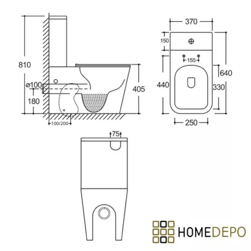 HD Ariana Matt Black perem nélküli mély öblítésű szögletes monoblokkos WC alsó kifolyású tető nélkül + tartály