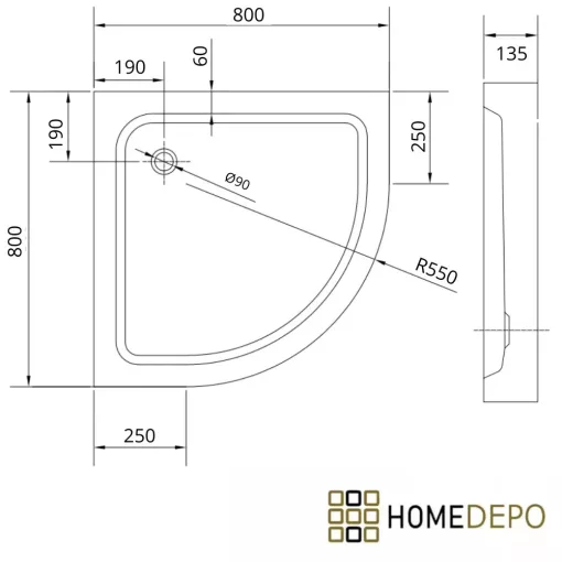 HD Lofty 80x80/90x90 íves magasított akril zuhanytálca, 13,5 cm magas, fekete szifonnal