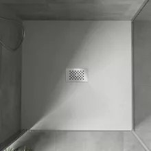 HD Marco+ White 100x100 SMC kompozit slim szögletes kőhatású zuhanytálca, krómozott ráccsal, 2,6 cm magas, szifonnal