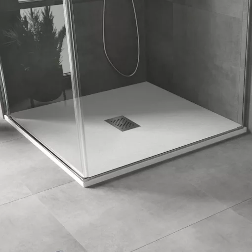 HD Marco+ White 100x100 SMC kompozit slim szögletes kőhatású zuhanytálca, krómozott ráccsal, 2,6 cm magas, szifon nélkül