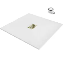 HD Marco+ White 100x100 SMC kompozit slim szögletes kőhatású zuhanytálca, arany színű ráccsal, 2,6 cm magas, szifonnal