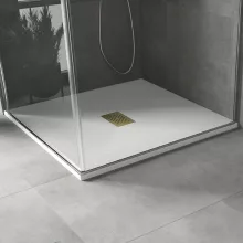 HD Marco+ White 100x100 SMC kompozit slim szögletes kőhatású zuhanytálca, arany színű ráccsal, 2,6 cm magas, szifon nélkül