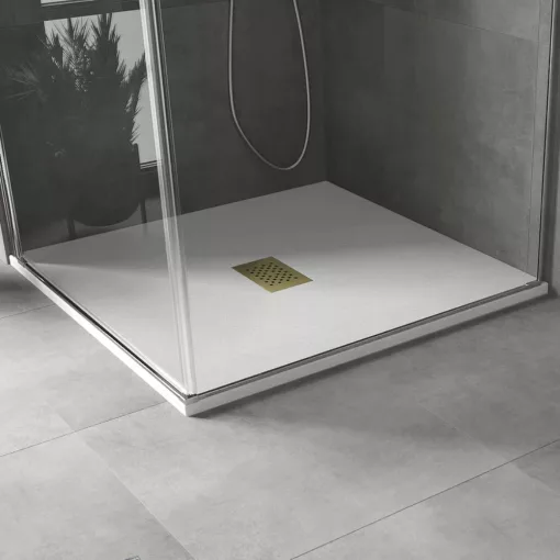 HD Marco+ White 100x100 SMC kompozit slim szögletes kőhatású zuhanytálca, arany színű ráccsal, 2,6 cm magas, szifon nélkül