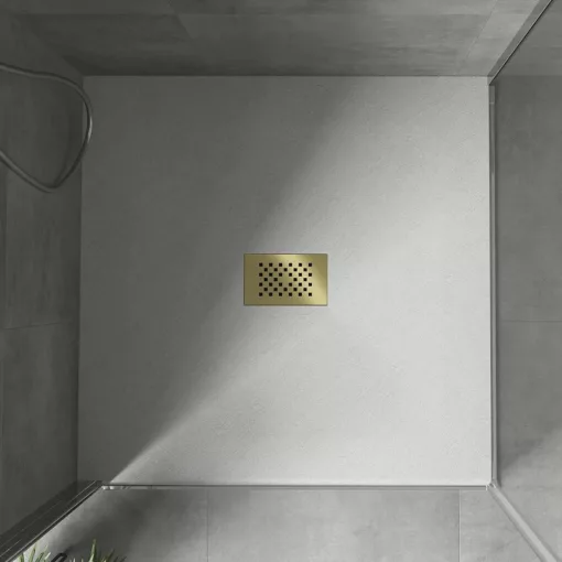 HD Marco+ White 100x100 SMC kompozit slim szögletes kőhatású zuhanytálca, arany színű ráccsal, 2,6 cm magas, szifon nélkül
