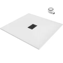 HD Marco+ White 100x100 SMC kompozit slim szögletes kőhatású zuhanytálca, fekete ráccsal, 2,6 cm magas, szifonnal