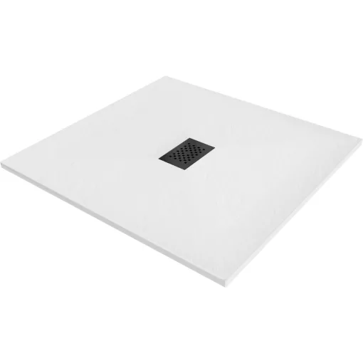 HD Marco+ White 100x100 SMC kompozit slim szögletes kőhatású zuhanytálca, fekete ráccsal, 2,6 cm magas, szifon nélkül