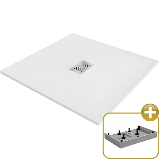 HD Marco+ White 100x100 SMC kompozit magasított szögletes kőhatású zuhanytálca, krómozott ráccsal, 15 cm magas, szifon nélkül