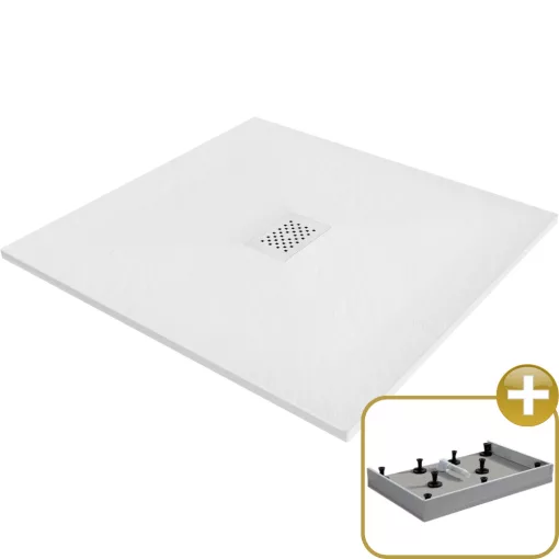 HD Marco+ White 100x100 SMC kompozit magasított szögletes kőhatású zuhanytálca, fehér ráccsal, 15 cm magas, szifon nélkül