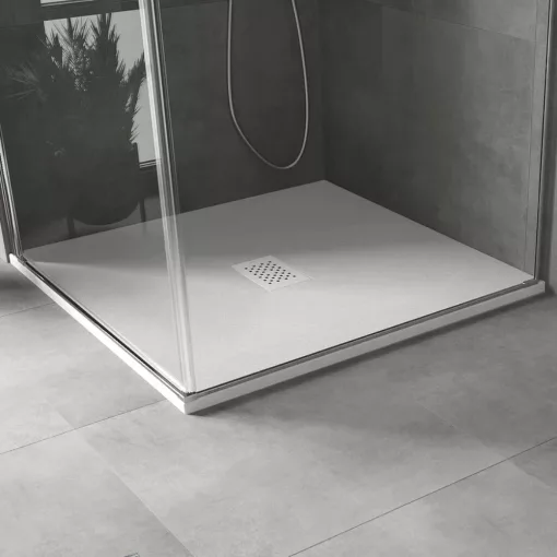 HD Marco+ White 100x100 SMC kompozit magasított szögletes kőhatású zuhanytálca, fehér ráccsal, 15 cm magas, szifon nélkül