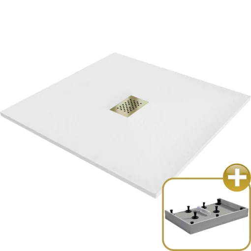 HD Marco+ White 100x100 SMC kompozit magasított szögletes kőhatású zuhanytálca, arany színű ráccsal, 15 cm magas, szifon nélkül