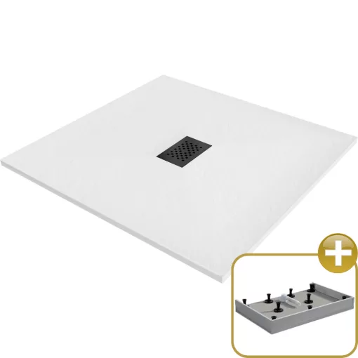 HD Marco+ White 100x100 SMC kompozit magasított szögletes kőhatású zuhanytálca, fekete ráccsal, 15 cm magas, szifon nélkül