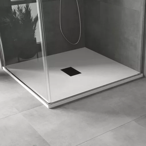 HD Marco+ White 100x100 SMC kompozit magasított szögletes kőhatású zuhanytálca, fekete ráccsal, 15 cm magas, szifon nélkül