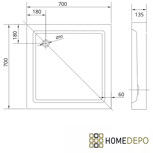 HD Lofty 70x70/80x80/90x90 szögletes magasított akril zuhanytálca, 13,5 cm magas, arany szifonnal