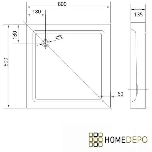 HD Lofty 80x80 szögletes magasított akril zuhanytálca, 13,5 cm magas, króm szifonnal