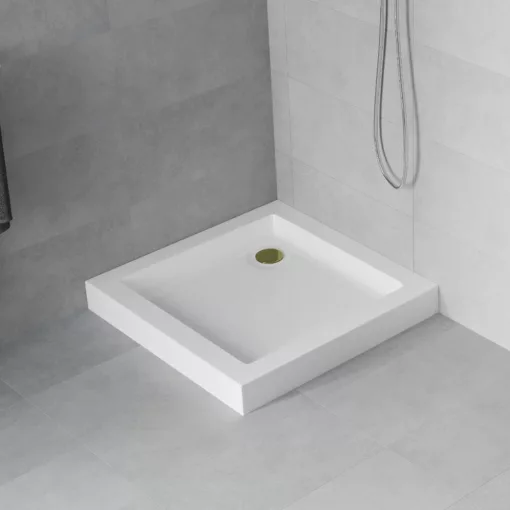 HD Lofty 80x80 szögletes magasított akril zuhanytálca, 13,5 cm magas, arany szifonnal