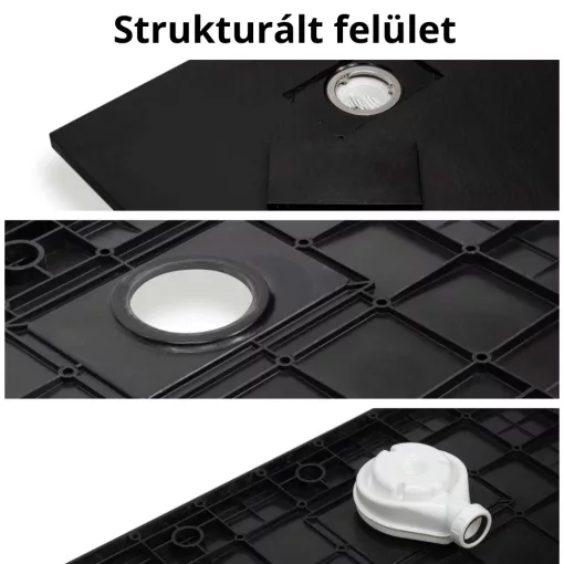 HD Marco+ Black 120x90 SMC kompozit slim szögletes kőhatású zuhanytálca, krómozott ráccsal, 2,6 cm magas, szifonnal