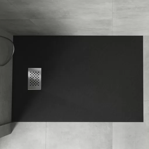 HD Marco+ Black 100x80/120x90 SMC kompozit slim szögletes kőhatású zuhanytálca, krómozott ráccsal, 2,6 cm magas, szifon nélkül