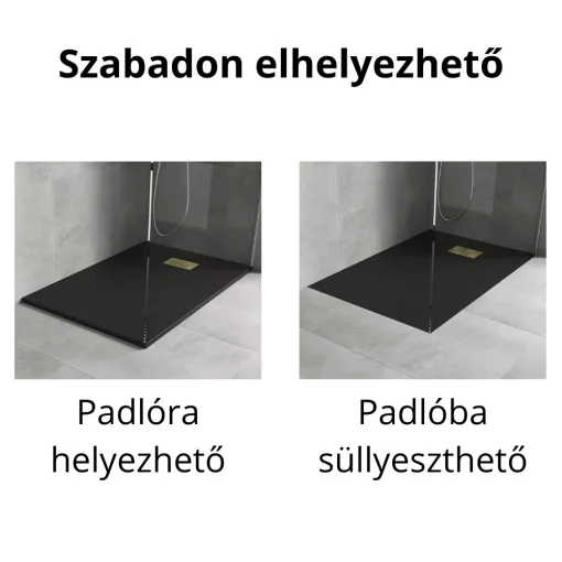 HD Marco+ Black 100x80/120x90 SMC kompozit slim szögletes kőhatású zuhanytálca, arany színű ráccsal, 2,6 cm magas, szifon nélkül