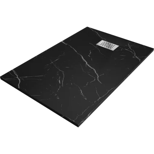HD Marco+ Black Marble 100x80/120x90 SMC kompozit slim szögletes kőhatású zuhanytálca, krómozott ráccsal, 2,6 cm magas, szifon nélkül
