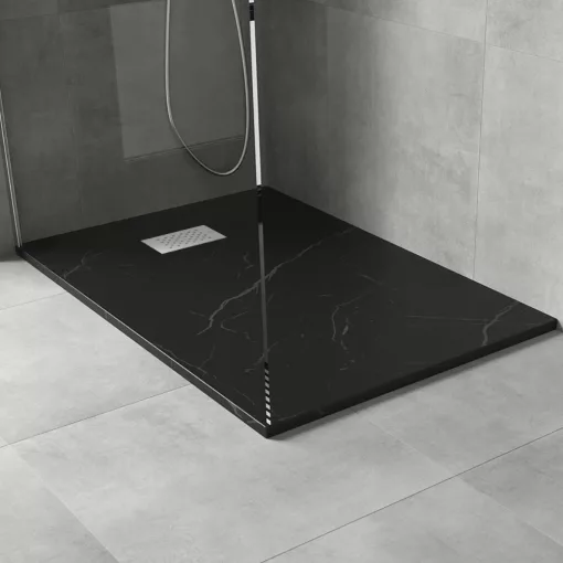 HD Marco+ Black Marble 100x80 SMC kompozit slim szögletes kőhatású zuhanytálca, fehér ráccsal, 2,6 cm magas, szifonnal